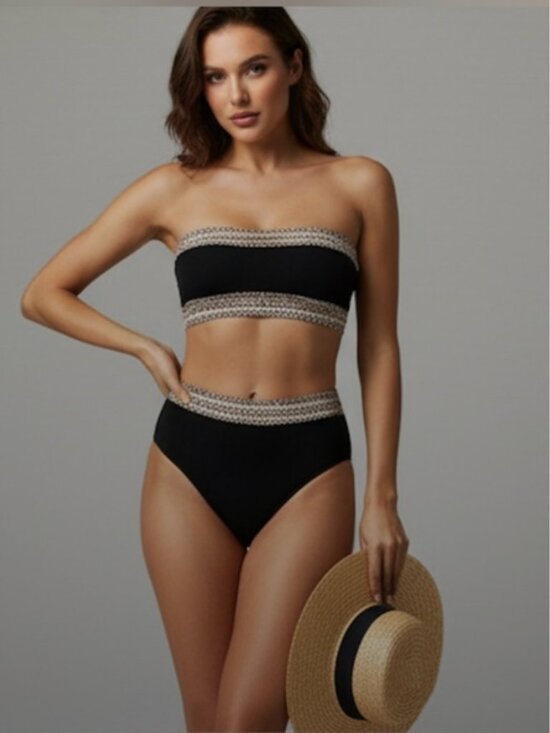 By Design Other - Ribbed Leopard Trim Bandeau High Waisted Bikini Swimsuit.